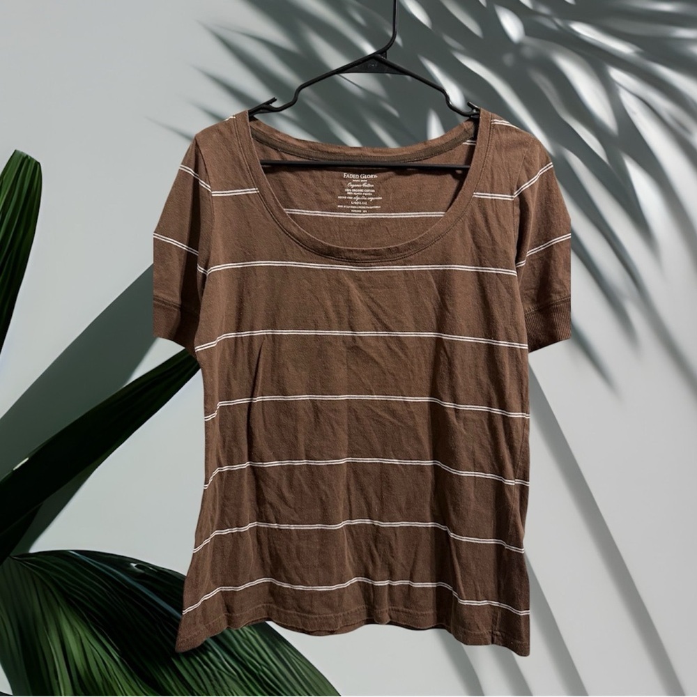 Faded Glory Brown and White Striped Scoop Neck Tee size L